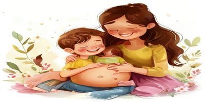 孩子把耳朵贴在妈妈大肚子上感受胎动，一家人幸福微笑的孕期互动场景
