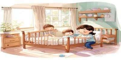 小学生帮怀孕妈妈整理婴儿床，父子三人共同布置宝宝房间的温馨场景
