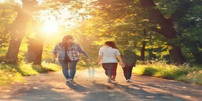 爸爸搀扶挺着大肚子的孕晚期妈妈在公园散步，夕阳下的温馨画面